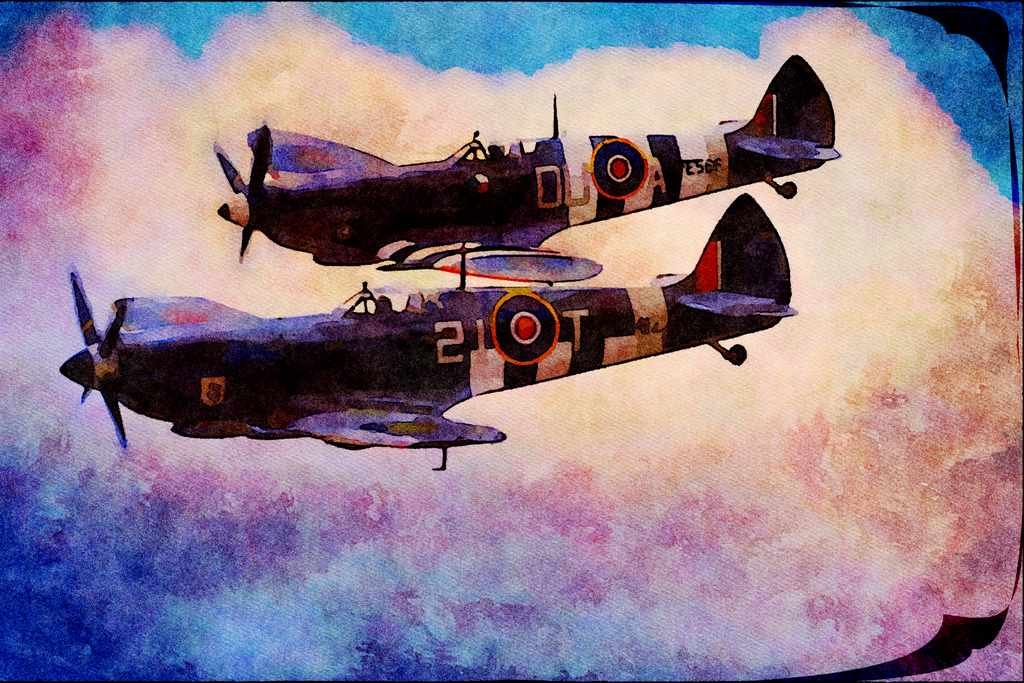 661026 Spitfires Over Duxford, England A4 Limited Edition Watercolour Print