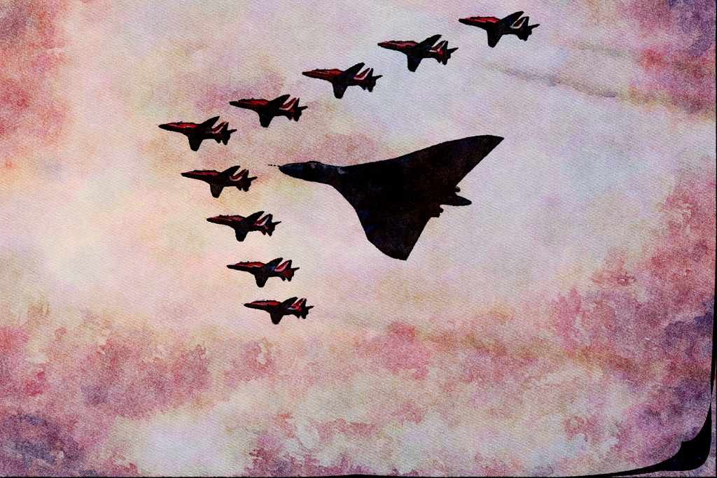 661038 Hawk And AVRO Vulcan B2 In Formation A4 Limited Edition Watercolour Print