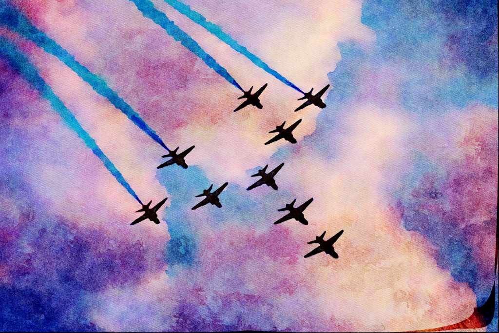 661073 Red Arrows BAe Hawk T1.a's In Concorde Formation A4 Limited Edition Watercolour Print