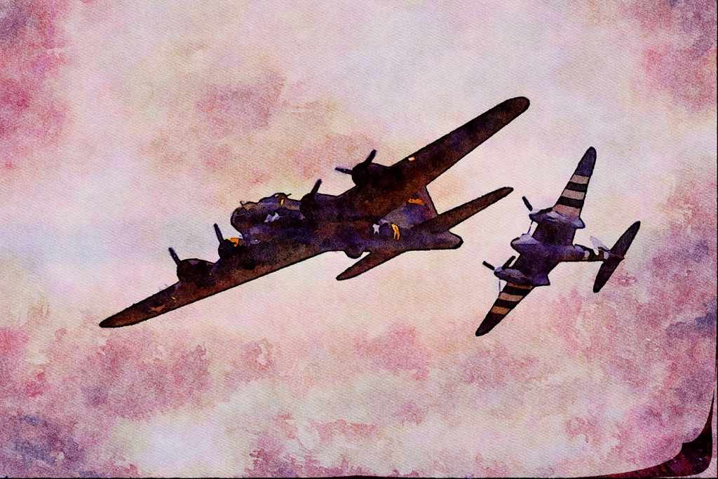 661091 Boeing B.17G Flying Fortress And DH.98 Mosquito T.3 A4 Limited Edition Watercolour Print