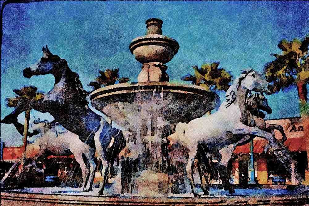670056 Wild Horses Fountain, Phoenix, Arizona, U.S.A. A4 Limited Edition Watercolour Print