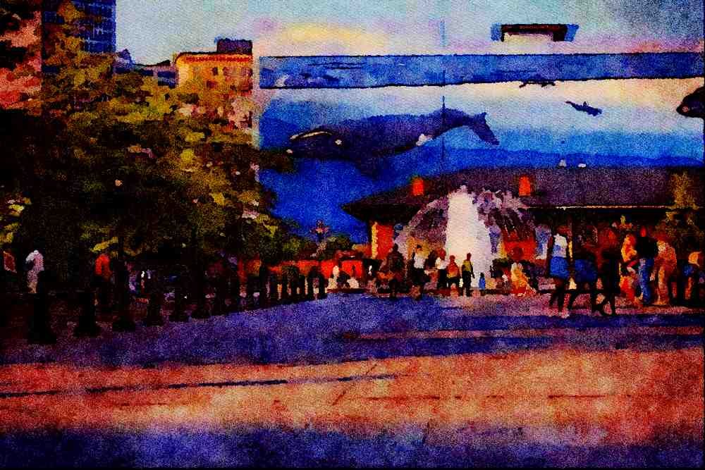 670063 Public Square And Fountain A4 Limited Edition Watercolour Print