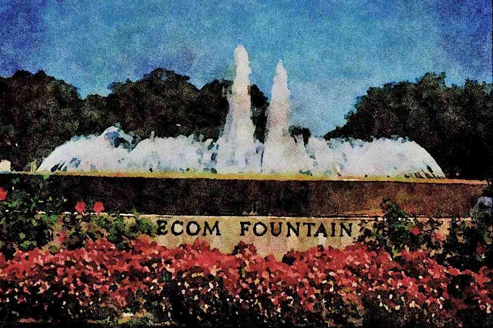 670068 Mecom Fountain Located On Main Street A4 Limited Edition Watercolour Print
