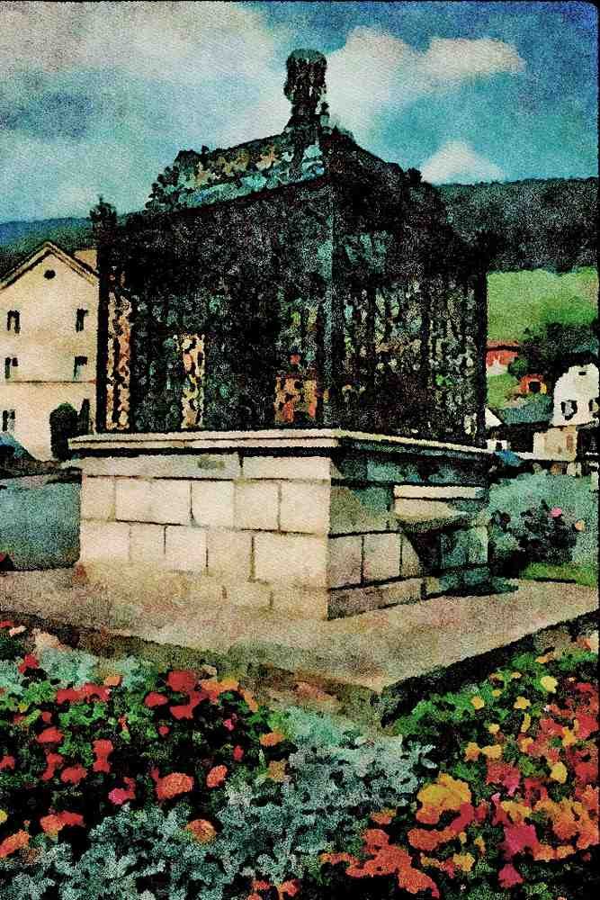 670070 Fountain, Vordenberg, Styria, Austria A4 Limited Edition Watercolour Print