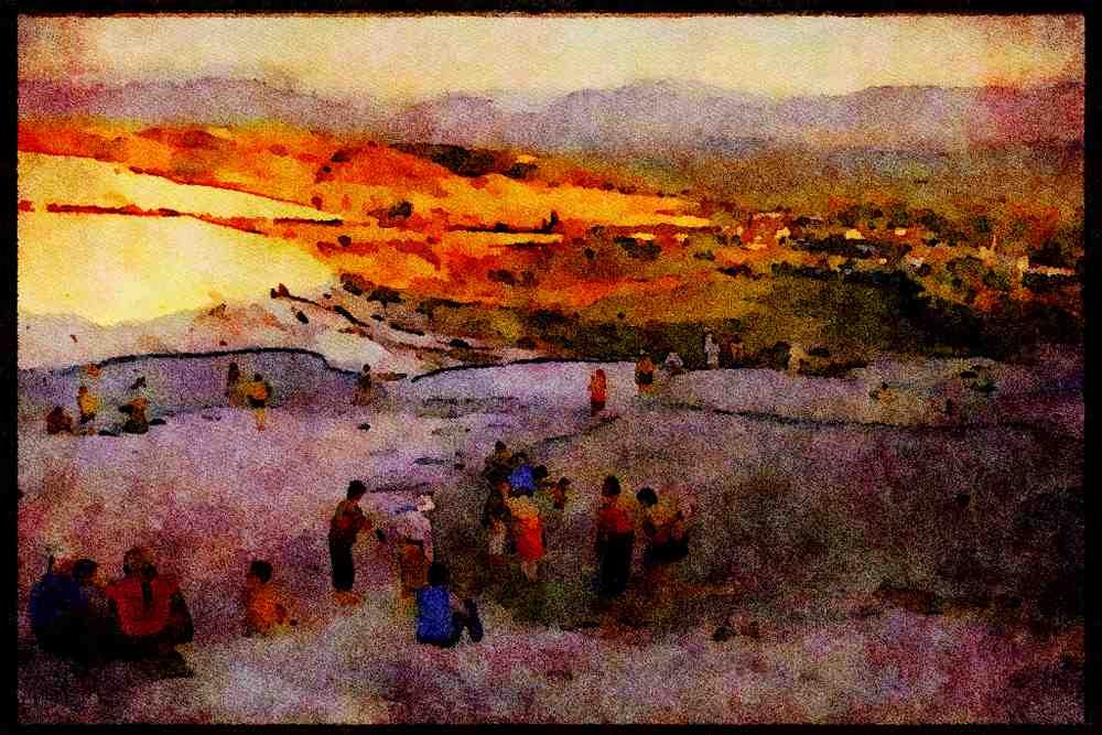 671004 Pamukkale, People In Hot Water Basins, Turkey A4 Limited Edition Watercolour Print