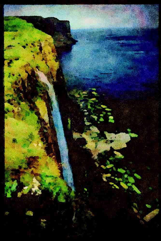 671006 Waterfall Over The Cliffs Of The Isle Of Skye, Scotland A4 Limited Edition Watercolour Print
