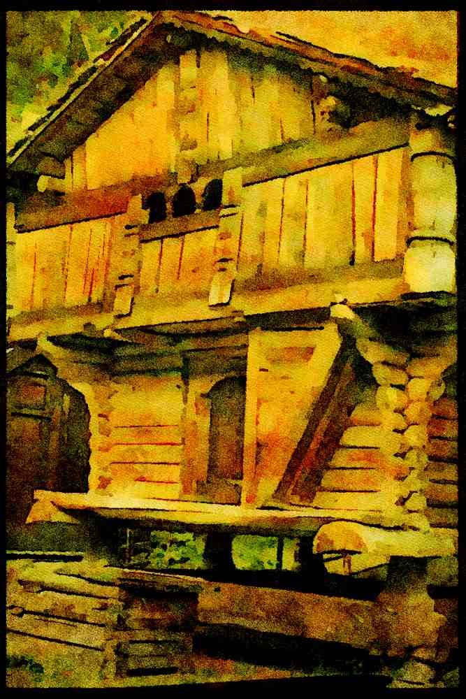 671012 Ancient Farm Building, Norway A4 Limited Edition Watercolour Print