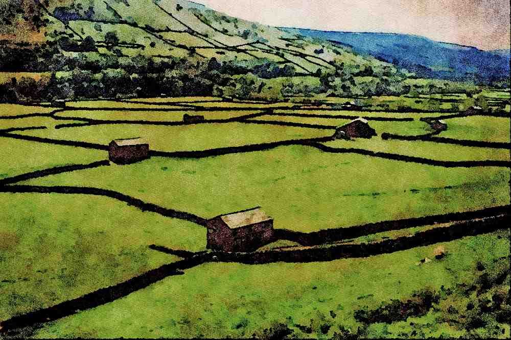 671036 Typical Barns And Walls, Britain A4 Limited Edition Watercolour Print