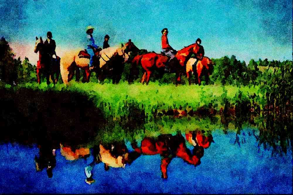 672013 Horse Riding At Barnston, Estrie, Quebec, Canada A4 Limited Edition Watercolour Print