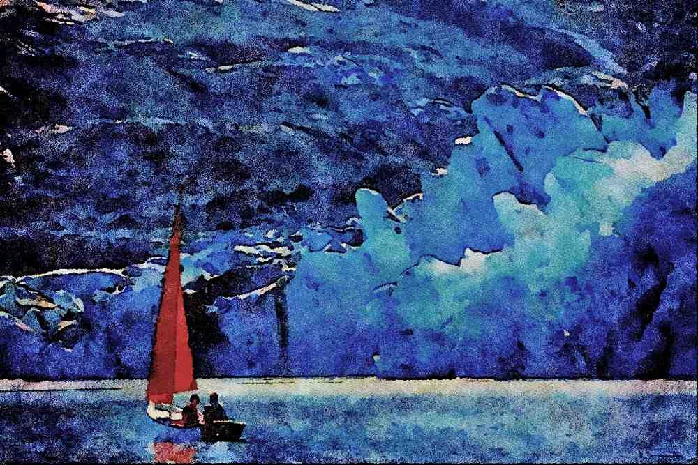 672032 Red Sail In Alaska, U.S.A. A4 Limited Edition Watercolour Print