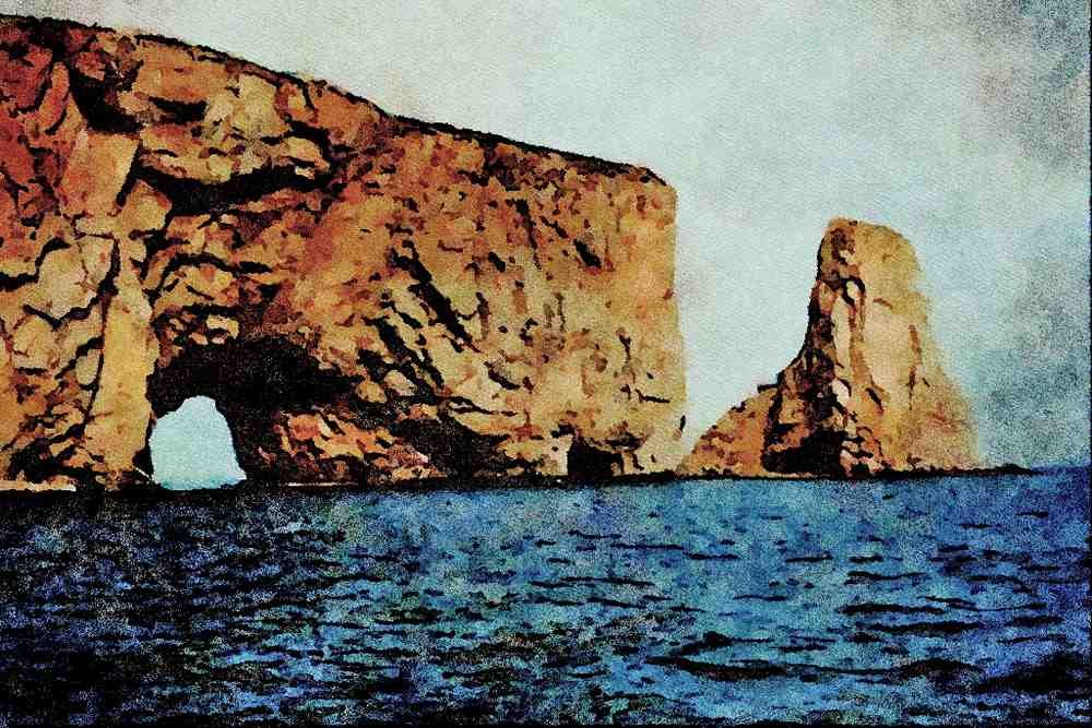672049 East End Of Perce Rock From Sea, Late Afternoon, Quebec A4 Limited Edition Watercolour Print