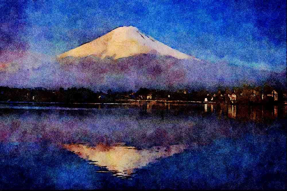 672051 Mount Fuji And Reflection In Lake Kawaguchi, Japan A4 Limited Edition Watercolour Print