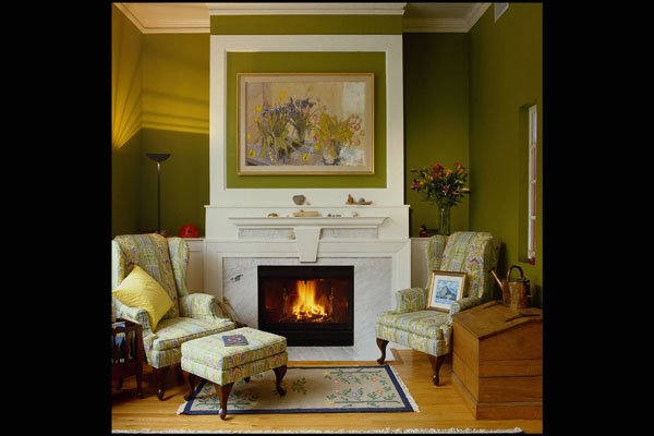 675037 Living Room With Fireplace, Green Colors A4 Photo Print