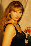 678083 Kathy, Brunette In Black Holding Flowers A4 Photo Print