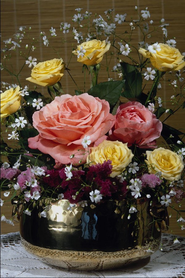 687005 Red And Yellow Flowers In Brass Bowl A4 Photo Print