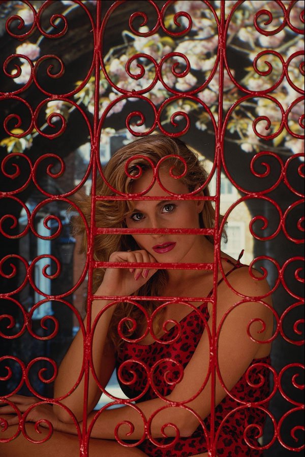 688091 Girl Behind Red Gate A4 Photo Print