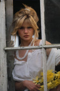 690021 Girl In White Dress Looking Through Window A4 Photo Print