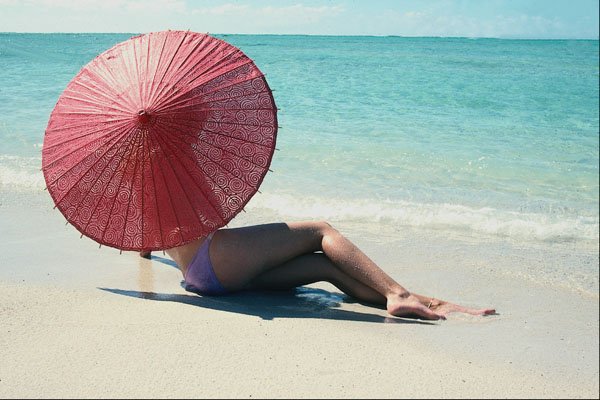 695039 Girl On Beach With Red Umbrella A4 Photo Print