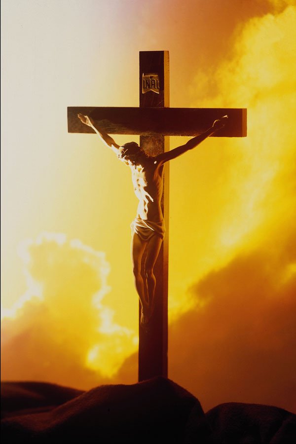 696008 Christ On The Cross, Stormy Orange Sky A4 Photo Print