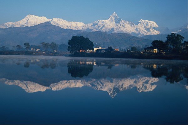 697008 Fishtail Mountain Reflecting In Pokhara Lake, India A4 Photo Print