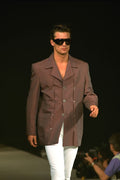 701072 Male In Brown Jacket, White Trousers And Dark Sunglasses A4 Photo Print