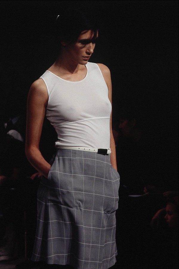 709037 Betty Jackson, White Top And Gray Checkered Skirt A4 Photo Print