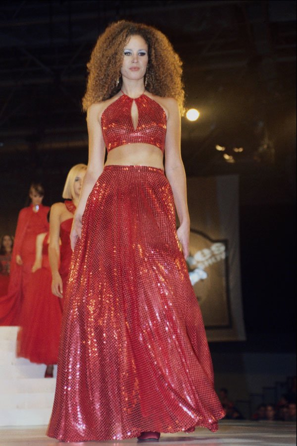 709077 Female Wearing Red Sequined Crop top And Full length Skirt A4 Photo Print