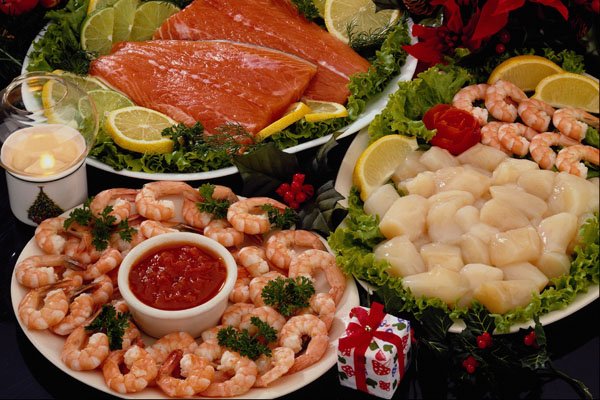 710057 Styled Platters Of Fish With Poinsettia And Props A4 Photo Print