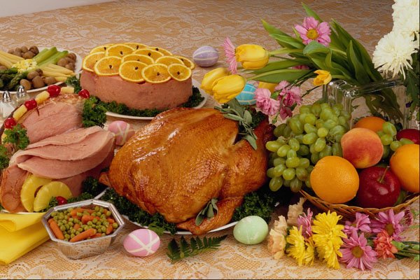 710061 Cooked Turkey And Ham, Flowers And Fruit A4 Photo Print