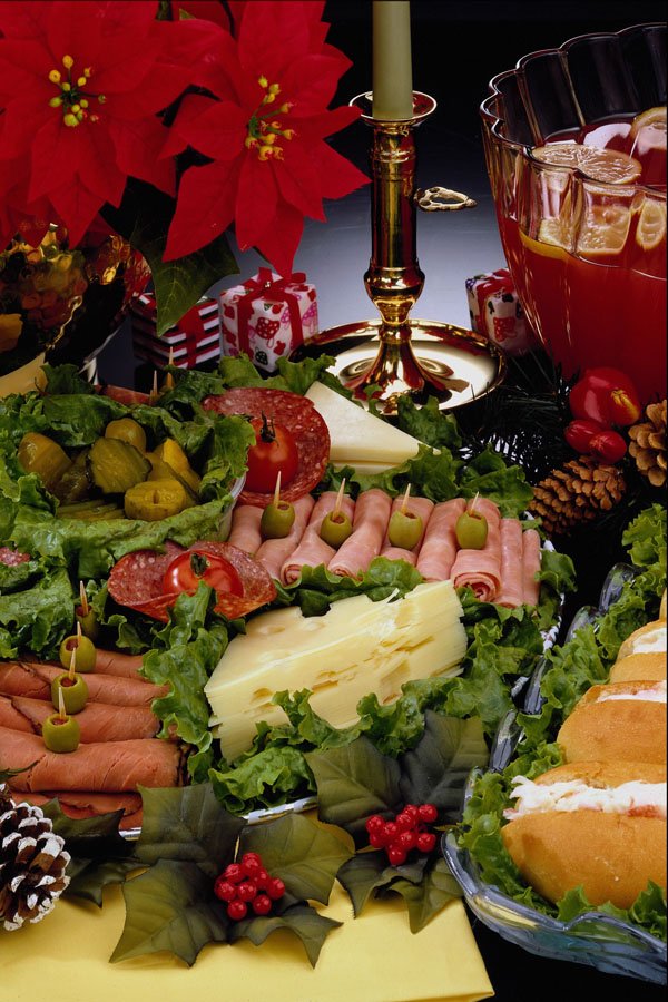 710063 Holiday With Deli Platter, Punch Bowl And Poinsettias A4 Photo Print