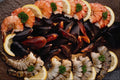 710067 Fresh Cooked And Uncooked Tiger Shrimp With Mussels And Lemon A4 Photo Print