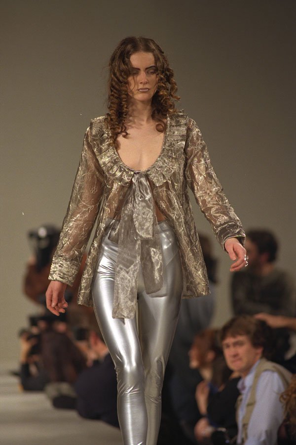 712021 Woman In Tight Silver Trousers And Low Cut Patterned Top A4 Photo Print