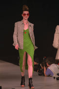 712053 Woman In Green Low Cut Split Dress And Light Beige Jacket A4 Photo Print