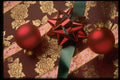 724001 Christmas Ribbons With Red Ornaments, Green Ribbon And Red Bow A4 Photo Print