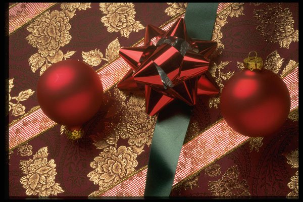 724001 Christmas Ribbons With Red Ornaments, Green Ribbon And Red Bow A4 Photo Print