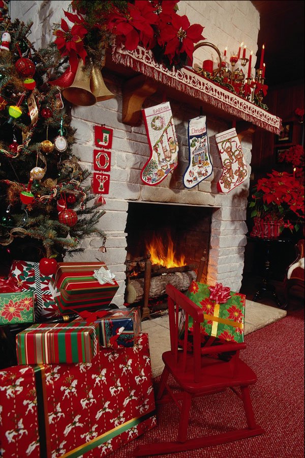 724053 Room With Stone Fireplace, Christmas Setting A4 Photo Print