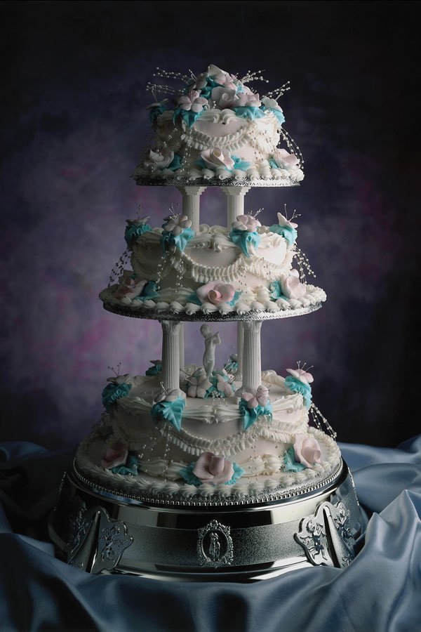 724095 Wedding Cake, Blue And Pink On Silver Base A4 Photo Print