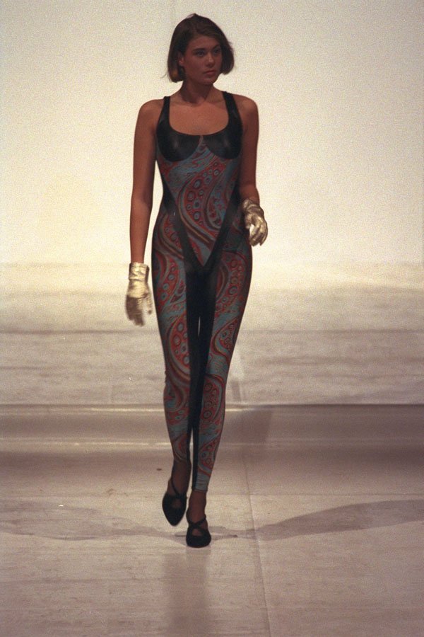 725057 Female In Skin tight Multi patterned Lycra Cat suit A4 Photo Print