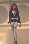 725060 Female Wearing Gray Patterned Leggings And Belt, Black Top A4 Photo Print