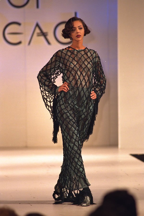 725067 Female Wearing Full length fish Net Dress A4 Photo Print