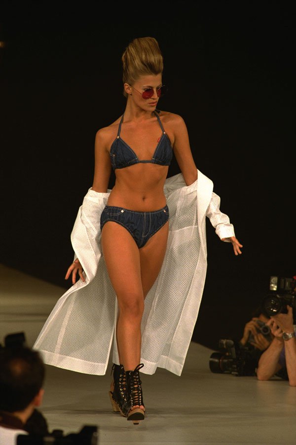 725084 Female In Blue Denim Bikini, Lace up Boots And Coat A4 Photo Print