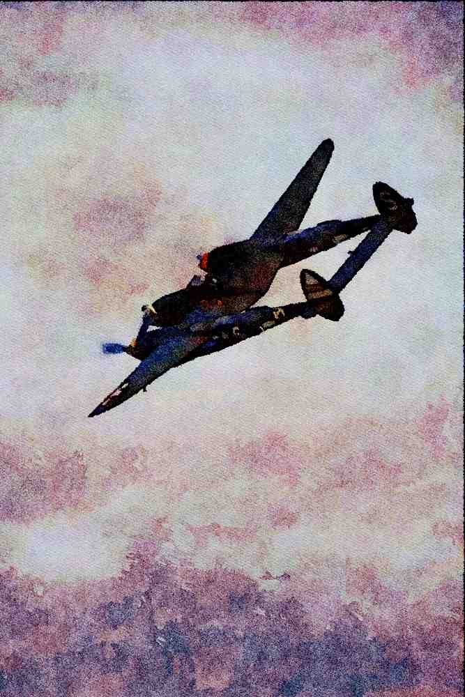 727025 Lockheed, P 38J _Lightning_, In Flight Over Duxford, England A4 Limited Edition Watercolour Print
