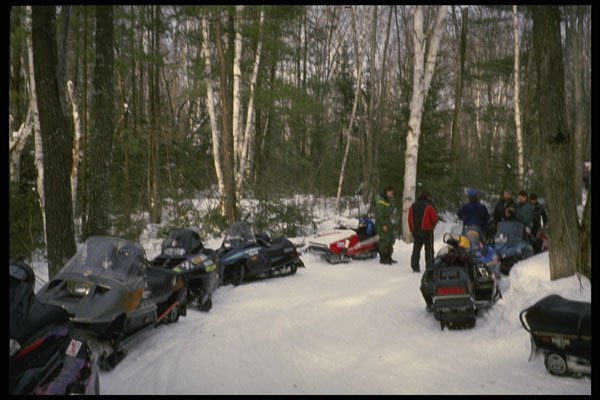 728065 Snowmobiles Gathered On Trail A4 Photo Print
