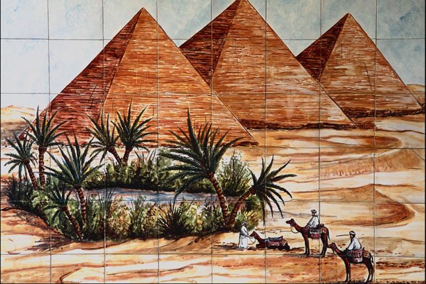 733028 Desert Scene, Men On Camels And Pyramids, Granada, Spain A4 Photo Print