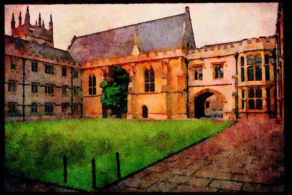 734009 Merton College Houses, England's Oldest Library, Oxford, Great Britain A4 Limited Edition Watercolour Print