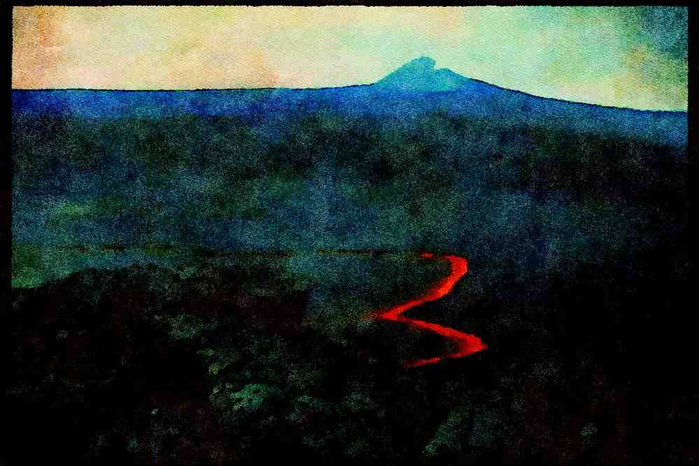 736000 Lava Lake And Pu'u O'o In Background, Big Island, Hawaii, U.S.A. A4 Limited Edition Watercolour Print