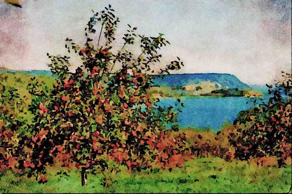736009 Apple Orchard With Cape Blomindon In Background, Nova Scotia, Canada A4 Limited Edition Watercolour Print