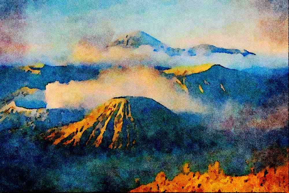 736027 Sunrise At Mount Bromo, Java, Indonesia A4 Limited Edition Watercolour Print