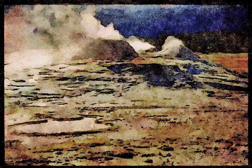 736053 Volcanic Land, Upper Geyser Basin, Yellowstone National Park, U.S.A. A4 Limited Edition Watercolour Print