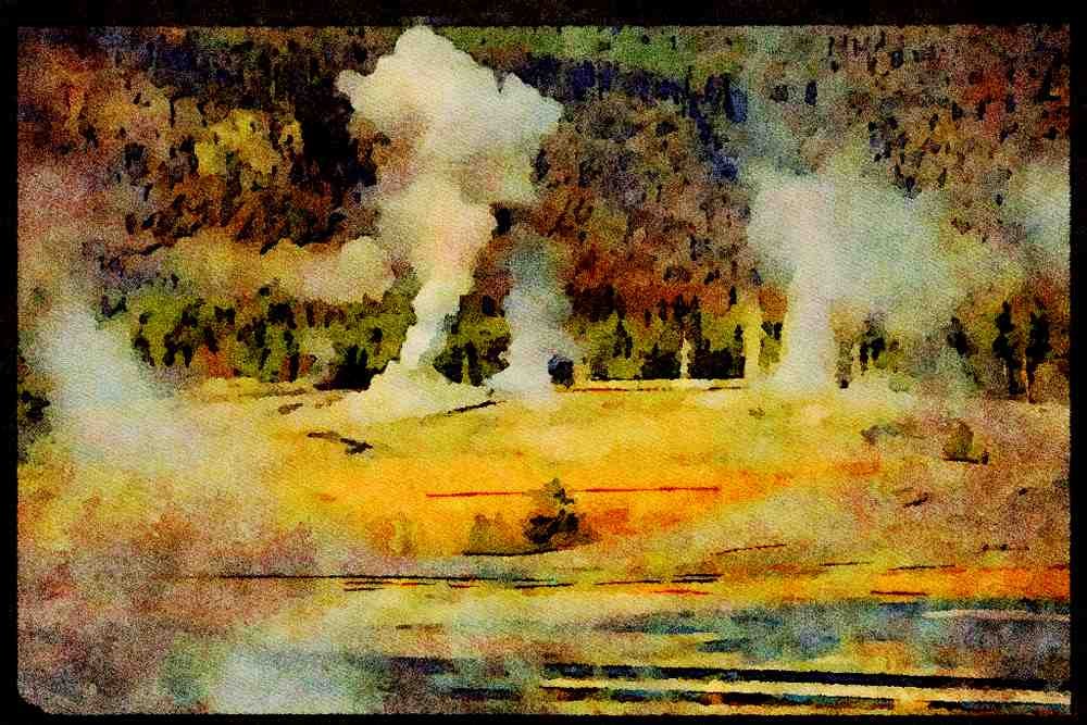 736054 Upper Geyser Basin, Yellowstone National Park, U.S.A. A4 Limited Edition Watercolour Print